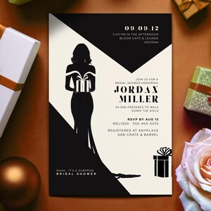 May include: A bridal shower invitation with a black and white design. The invitation features a silhouette of a woman holding a gift, with event details and the name "Jordan Miller". The invitation is surrounded by gift boxes and a rose.