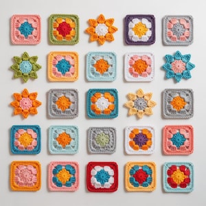 Può includere: Una collezione di quadrati e forme di fiori all'uncinetto colorati in vari colori, tra cui rosa, arancione, verde e blu. I quadrati hanno un motivo floreale al centro. Vista dall'alto.