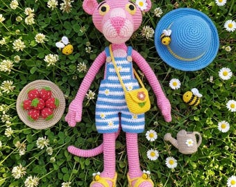 Pink Panther in Daisy Striped Overalls – Amigurumi Crochet Pattern (PDF Download)
