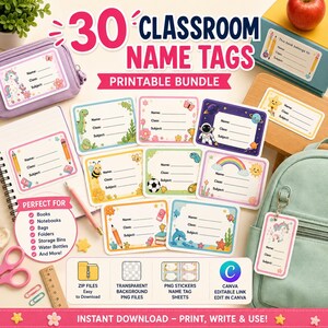 Puede incluir: Un paquete imprimible de 30 etiquetas de nombre para el aula con varias ilustraciones coloridas como unicornios, temas espaciales y animales. Cada etiqueta rectangular incluye líneas para Nombre, Clase y Asignatura. El conjunto incluye archivos digitales para imprimir y personalizar fácilmente.