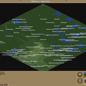 May include: A top-down view of a map with a green landmass, blue water features, and numerous white text labels. The map is set against a dark background, with a legend and control buttons at the bottom.