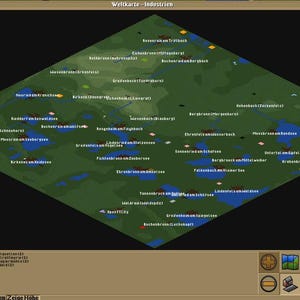 Könnte beinhalten: Isometrische Karte mit grünem und blauem Farbschema, mit zahlreichen Ortsnamen in deutscher Sprache. Die Karte hat eine rautenförmige Form und enthält verschiedene Symbole und eine Legende am unteren Rand. Der Titel "Weltkarte - Industrien" steht oben.