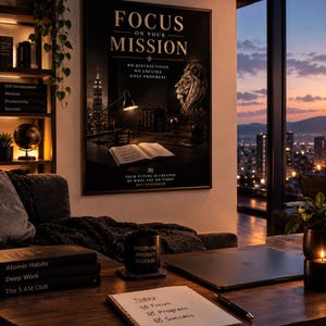 Puede incluir: Un póster de pared enmarcado con el texto FOCUS ON YOUR MISSION, NO DISTRACTIONS NO EXCUSES ONLY PROGRESS y YOUR FUTURE IS CREATED BY WHAT YOU DO TODAY NOT TOMORROW, con un león, un horizonte urbano, una lámpara y un libro abierto.
