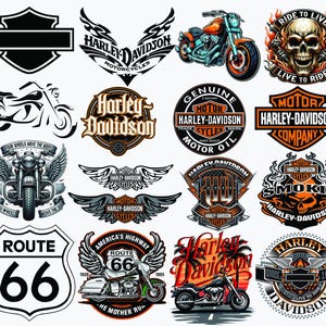 Könnte beinhalten: Sammlung von Harley-Davidson-Motorrad-Grafiken. Enthält Logos, Motorradillustrationen, ein Route 66-Schild und einen Totenkopf mit Flammen. Designs in Orange, Schwarz, Weiß und Türkis. Für Motorrad-Enthusiasten.