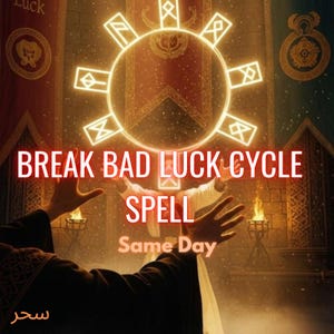 Könnte beinhalten: Ein Bild mit dem Text "BREAK BAD LUCK CYCLE SPELL Same Day". Das Bild zeigt ein leuchtendes kreisförmiges Design mit Symbolen und nach oben gerichteten Händen. Der Hintergrund hat Banner und eine mystische Atmosphäre.