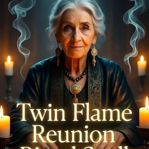 Peut inclure: Image d'une femme aux cheveux gris, vêtue d'un haut vert foncé et de bijoux dorés, avec le texte "Twin Flame Reunion Ritual Spell". Les mots "Same Day Fast Results" sont en haut. Des bougies allumées et de la fumée sont en arrière-plan.