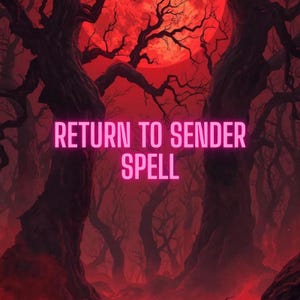 Pode incluir: Ilustração digital com tema sombrio. O céu vermelho com lua cheia e árvores silhuetadas serve de fundo. O texto "RETURN TO SENDER SPELL" é exibido em néon rosa brilhante. A imagem evoca mistério e o sobrenatural.