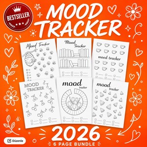 May include: A bundle of six white mood tracker pages with various designs, including bees, books, coffee cups, cherries, flowers, and watermelon slices. The text "MOOD TRACKER" and "2026 6 PAGE BUNDLE" are visible. The background is orange with decorative elements.