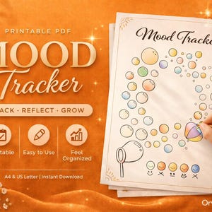 May include: Printable PDF mood tracker with the title "Mood Tracker" in elegant script. The design includes bubbles for tracking moods, icons for easy use, and the text "Track, Reflect, Grow". The background is a warm orange with floral accents.