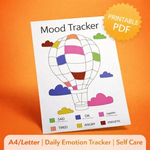 Op de afbeelding: Een witte, afdrukbare stemmingsmeter met een luchtballonontwerp. De ballon is verdeeld in secties met verschillende kleuren. De woorden "Mood Tracker" en "Printable PDF" zijn zichtbaar. De onderkant van de tracker heeft labels voor verschillende stemmingen.