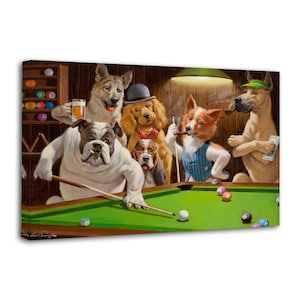 Puede incluir: Una impresión humorística que representa a perros jugando al billar en un bar. Los perros visten varios atuendos, uno fuma un cigarro y otro sostiene una cerveza. La mesa de billar es verde y el fondo es de madera oscura.