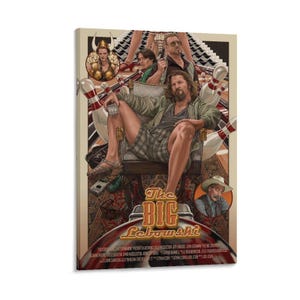 Op de afbeelding: Een canvas print van de film poster "The Big Lebowski". Het kunstwerk toont personages uit de film, waaronder The Dude, zittend in een stoel. De poster heeft een vintage esthetiek met bowlingpinnen en de titel van de film prominent weergegeven.