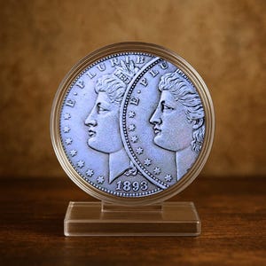 May include: A silver coin display featuring two mirrored profiles of a woman, with the year 1893. The coin is encased in a clear, circular frame and mounted on a clear rectangular base. The background is a warm, neutral tone.