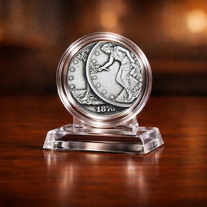 Puede incluir: Una moneda de plata dentro de un estuche de plástico transparente, exhibida sobre un soporte de acrílico transparente. La moneda presenta un relieve detallado de una mujer, estrellas y el año 1876. El fondo es borroso y de tonos cálidos.