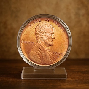 Puede incluir: Una moneda de centavo Lincoln de 1909, de color cobre, exhibida en una funda protectora transparente sobre un soporte transparente. La moneda presenta un perfil de Abraham Lincoln y las inscripciones "IN GOD WE TRUST" y "LIBERTY".