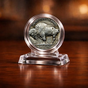 May include: A silver coin featuring a detailed image of a bison, encased in a clear protective holder. The coin is labeled "UNITED STATES OF AMERICA" and "FIVE CENTS". The coin is displayed on a clear acrylic stand.
