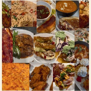Op de afbeelding: Een collage van verschillende comfort food gerechten, waaronder pasta, soep en sandwiches. De afbeelding bevat de tekst "Cocina Shey Comfort Meals" en "The Hungry Man's Favorite 'Top 5, 14 outta 10' Recipes."