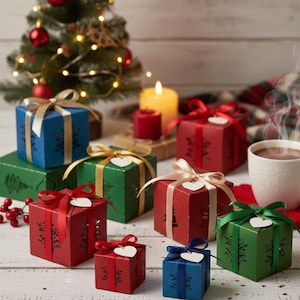 May include: A collection of colorful, square gift boxes with decorative cutouts and tied with ribbons. The boxes are in shades of red, green, and blue, with gold and white ribbons. A small Christmas tree and lit candles are in the background.