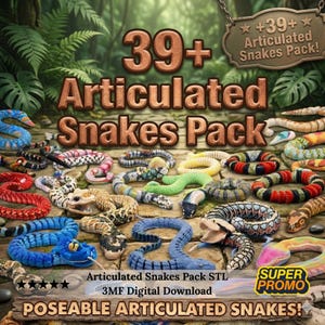 Pode incluir: Uma coleção de modelos de cobras articuladas coloridas, com vários padrões e cores, incluindo designs vermelhos, azuis, verdes e estampados. A imagem inclui o texto "39+ Articulated Snakes Pack" e "Poseable Articulated Snakes!"