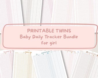 May include: A collection of printable baby daily tracker sheets for twins, designed for a girl. The sheets are organized by month, with titles like "January 26" and "February 26". The overall color scheme is soft, with pink and beige tones.