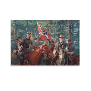 May include: A historical painting depicts a group of men on horseback in a forest setting. A Confederate flag is held high. The men are dressed in period clothing, and the horses are various shades of brown.