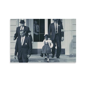 May include: Black and white photograph of a young Black girl walking up steps, escorted by men in suits and hats. The girl wears a dress, a white jacket, and carries a small case. The image is a historical depiction of a significant event.