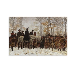May include: An antique painting depicts a historical scene of soldiers and officers on horseback in a snowy forest. The figures are dressed in period attire, with a central figure in a dark coat on a white horse. The artwork evokes a sense of history and military life.
