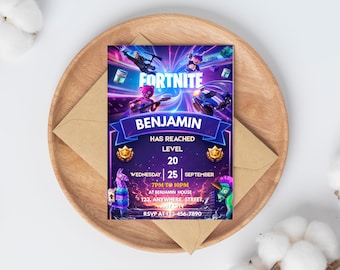 Plantilla de invitación para fiesta de videojuegos: invitación de cumpleaños infantil con temática de videojuegos, descarga digital editable, tema Neon Gamer.