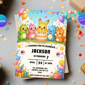 May include: A birthday invitation card featuring colourful cartoon creatures, a birthday cake with candles, and balloons. The text reads: I CHOOSE YOU TO CELEBRATE JACKSON IS TURNING 7 APRIL 24 AT 6PM 123, ANYWHERE, ANY COUNTRY, ANY CITY, ST 12345 RSVP TO MOM 123-456-7890.