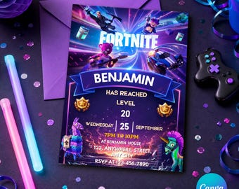 Invitación de cumpleaños con temática de juegos de mesa, fiesta gamer, plantilla editable de Canva, invitación de cumpleaños con temática de juegos, temática gamer