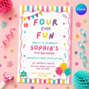 May include: A rectangular birthday invitation card with a white center and colorful striped borders. The text reads Four Ever Fun, Join us to celebrate Sophia's 4th birthday, Sunday October 20th at 5pm, at Sophia's house, 123, any where, any city, any str 4120, RSVP to mom at 123-456-7890.