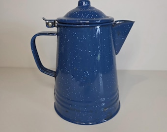 Vintage Retro Blue Speckled Enamelware Coffee Pot