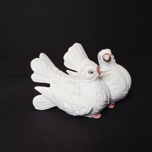 May include: Two white ceramic dove ornaments with detailed feather textures and pink accents on their beaks and feet. The doves are positioned close together against a black background, creating a contrast that highlights their form.