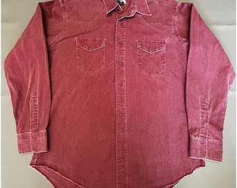 Camisa vintage Wrangler de los años 90 con botones, color granate claro (L) 17 1/2-35 XL, cola larga, 100% algodón.
