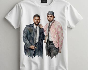Puede incluir: Camiseta blanca con una ilustración a la acuarela de dos hombres. Uno lleva un traje negro y corbata, el otro una rebeca rosa y blanca estampada. La imagen es un retrato.