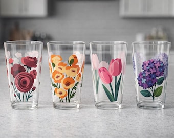 Blommigt pintglas, botaniskt dricksglas, 47 cl blommigt tumbler - 4 designer: Vallmo, Ranunkel, Hortensia, Tulpan