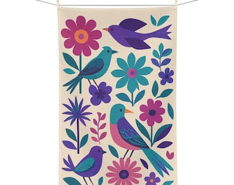Bird and Floral Tea Towel | Retro Nature Kitchen Decor | Botanical Dish Cloth | Blue Purple Pink