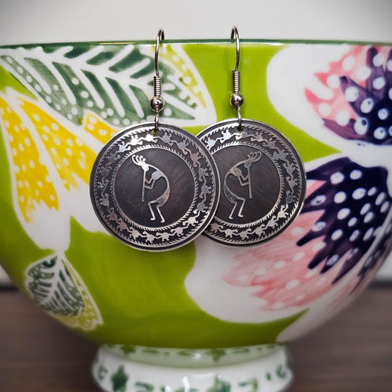 Native Inspired Silver Kokopelli Dangle Earrings … - image 1