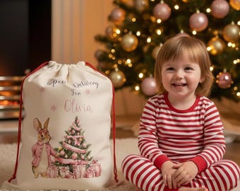 Personalisierter Santa Sack - Rosa Häschen-Weihnachtsgeschenksack - Benutzerdefinierter Name