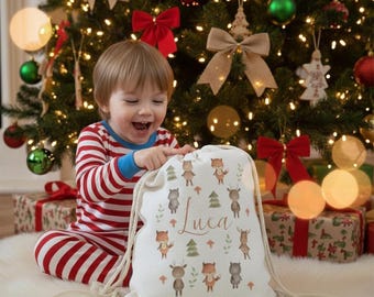 Santa Tasche - Personalisierte Kinder Kordelzug Geschenktasche | Personalisierter Name Kinderzimmer & Weihnachtssack
