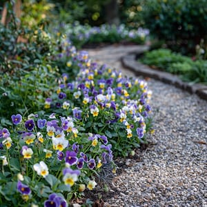 Puede incluir: Un camino sinuoso de grava bordeado de alegres pensamientos en un jardín. Los pensamientos muestran una mezcla de flores moradas, amarillas y blancas, creando una exhibición colorida. El follaje verde rodea las flores y el camino.