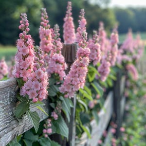 May include: A close-up of pink flowering plants growing along a weathered wooden fence. The flowers are in full bloom, with delicate pink petals and green leaves. The fence is made of rough-hewn wood, and the background is a soft green field.