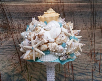 Seaside Bouquet  Tiffany Blue, Seaglass, Rhinestone Starfish and Seashell Bouquet and Boutonniere Set