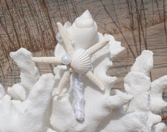White Boutonniere Seashell and Pearl for Groom and Groomsmen, seaside, beach wedding