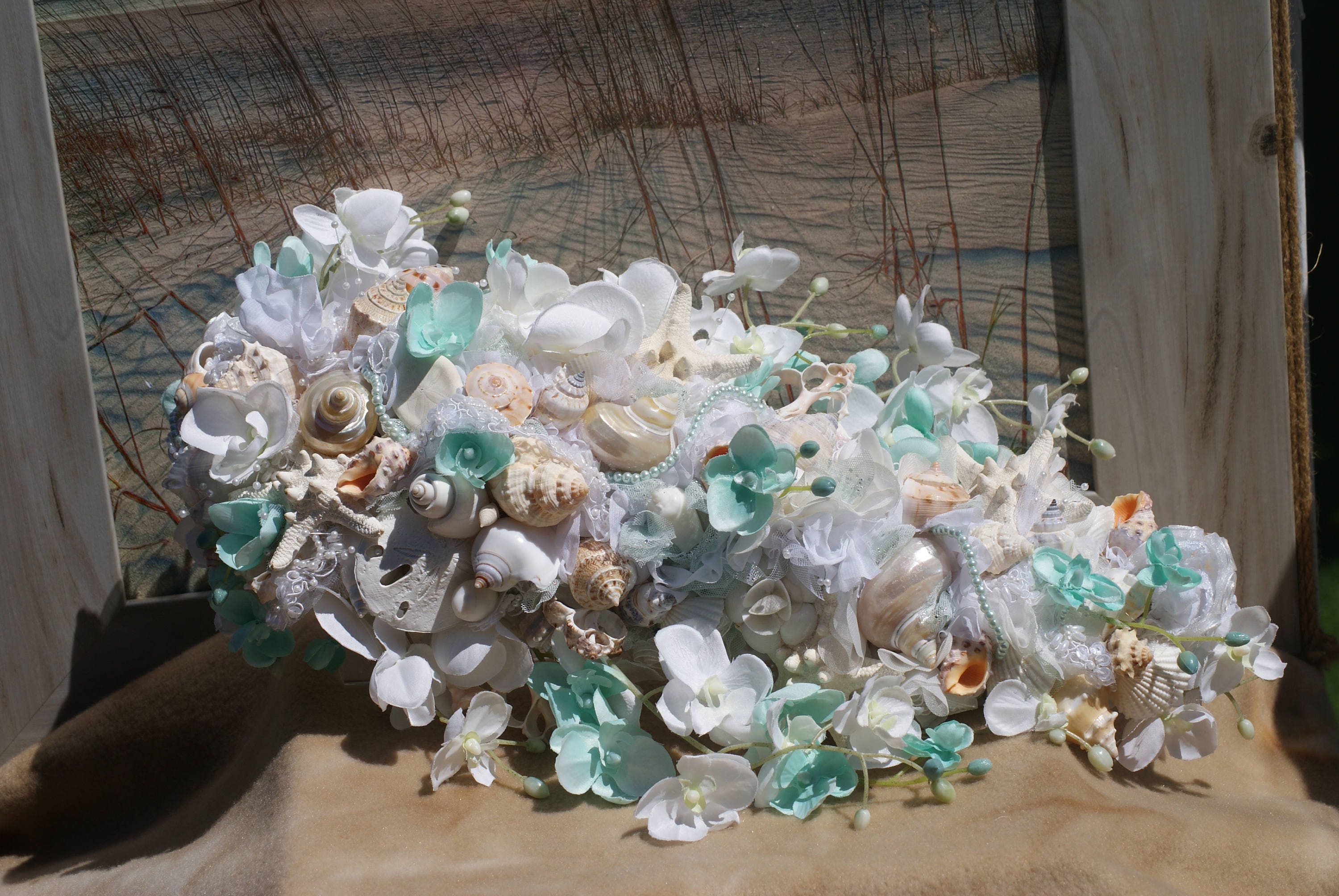 Aqua and Coral Handmade Seashell Flower Cascading Seashell Bouquet