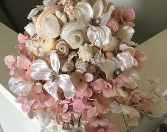 READY to SHIP BOUQUET Pink Cascading Beach Bouquet, Seashell Bouquet, Bridal Bouquet