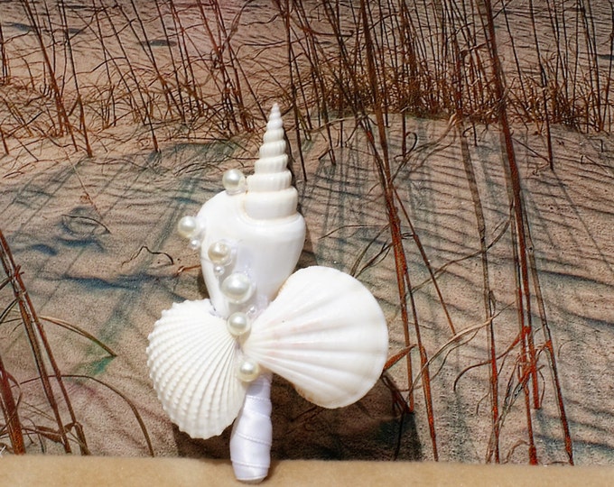 White Boutonniere Seashell and Pearl for Groom and Groomsmen, seaside, beach wedding