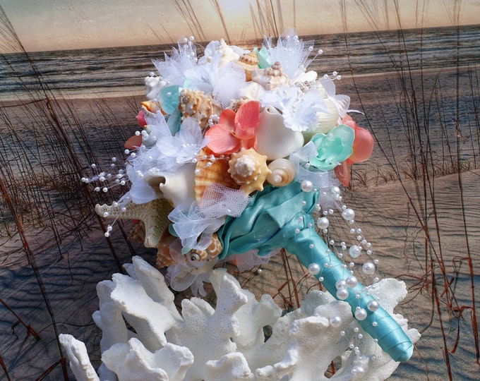 Coral and Aqua Beach Bouquet, Seashell Bouquet, Bridal Bouquet, Beach Bouquet, Tropical Bouquet, Destination ,Seaside , Made to Order