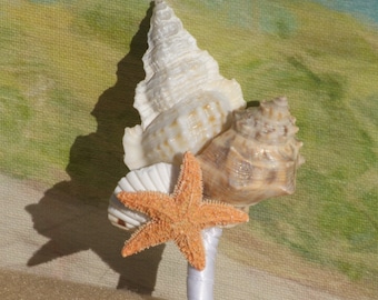 May include: A white and brown seashell bouquet with a starfish in the center, tied with a white ribbon.