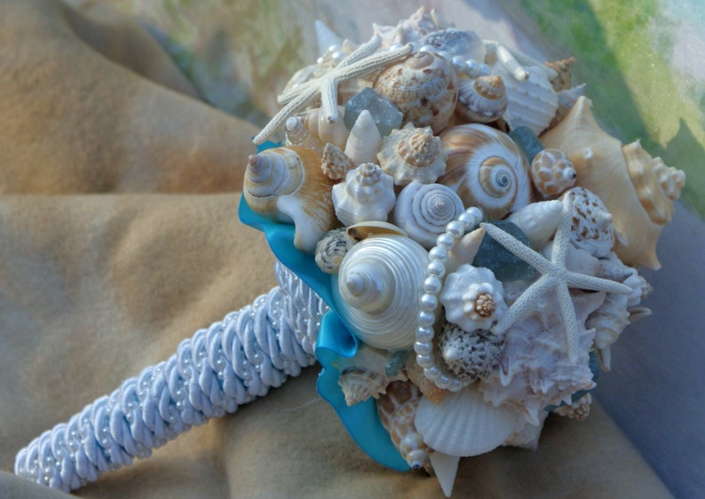 Seaside Bouquet Malibu Blue, Seaglass,Starfish and Seashell Bouquet image 3
